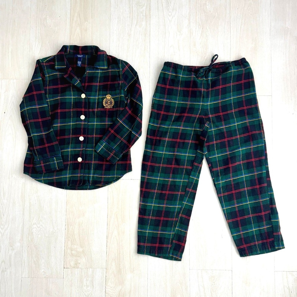 Chaps Pajama Set‎ Women Medium Green Red Black Tartan Plaid Flannel Holiday Cozy